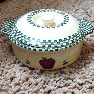 Vintage Stoneware Apple and Green Checked Covered Casserole Baking Dish‎
